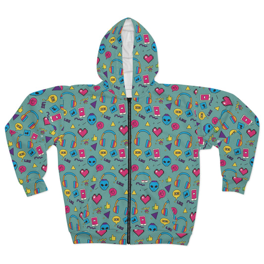 2010 Style Colorful Tech Doodles Zip Hoodie